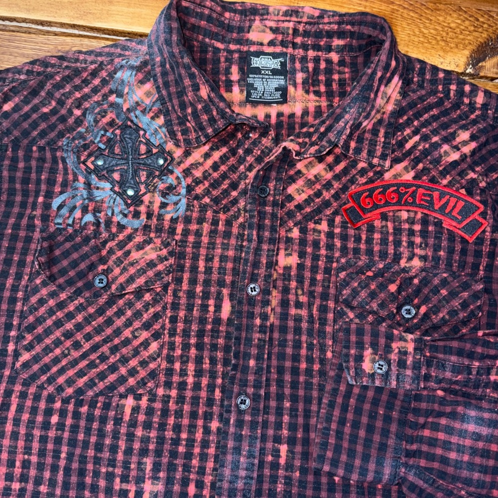 MMA Elite Button Down Shirt Mens XXL Red Plaid Bleached Graphic 666 Evil Anarchy